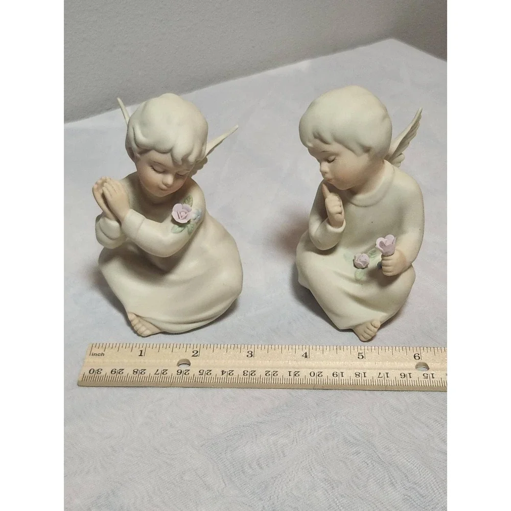 Vintage Bisque Porcelain Angel Cherub Figurines Set of 2 Cream Prayer Rose 4.5